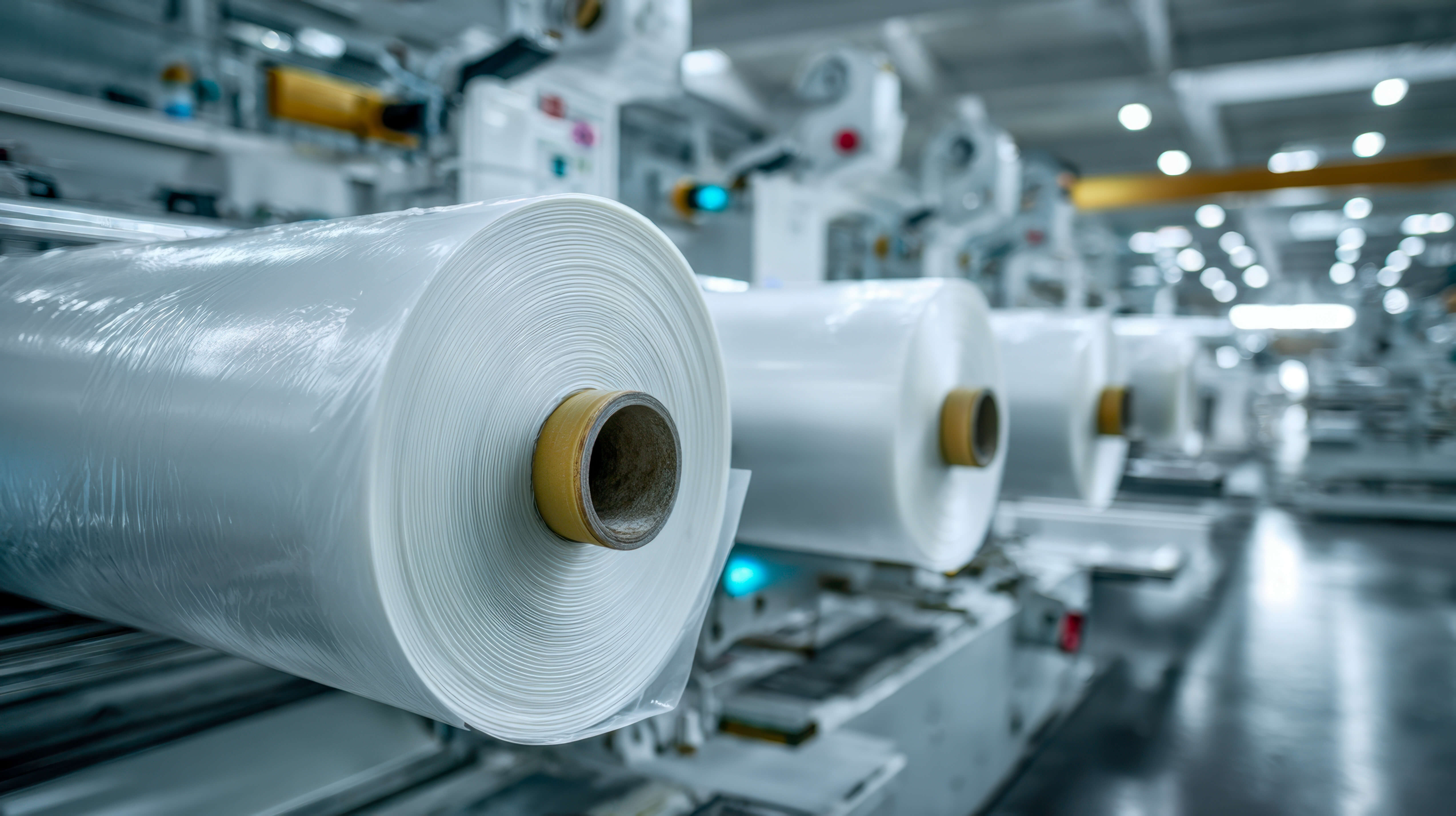 Roll of clear plastic film on a film blowing machine