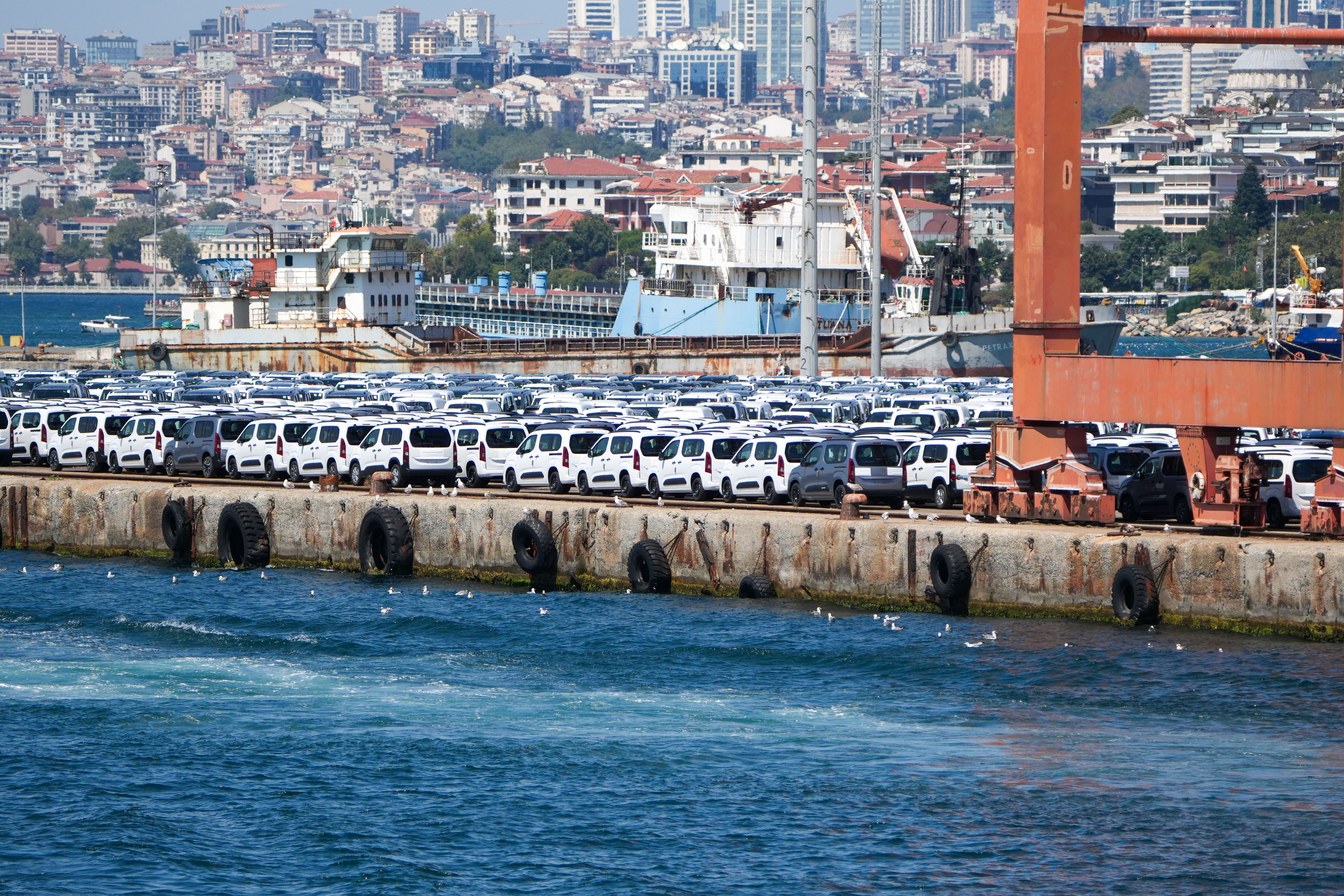 Port terminal with imported vehicles lined up on the quay