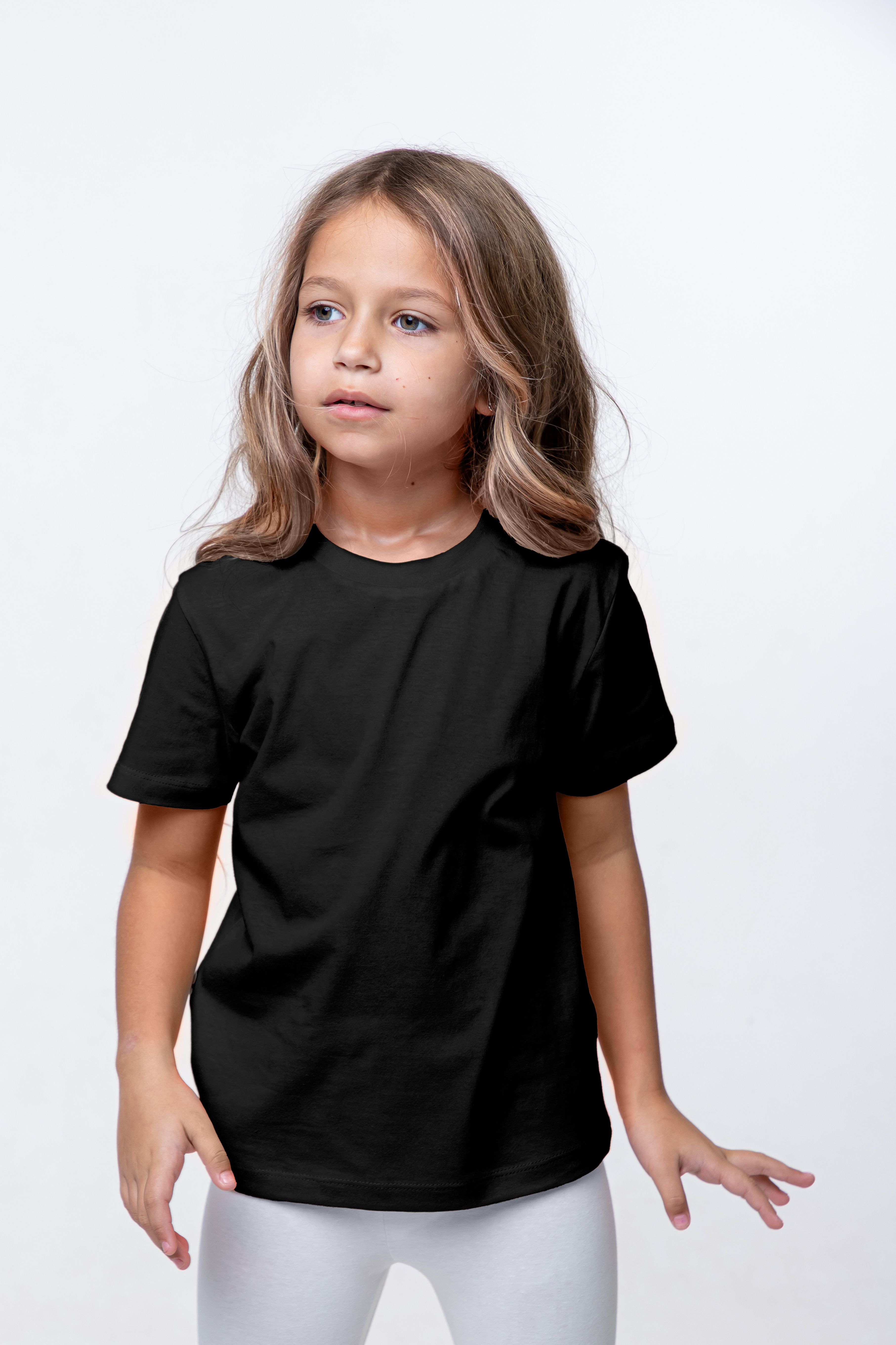 Child wearing a plain black t-shirt