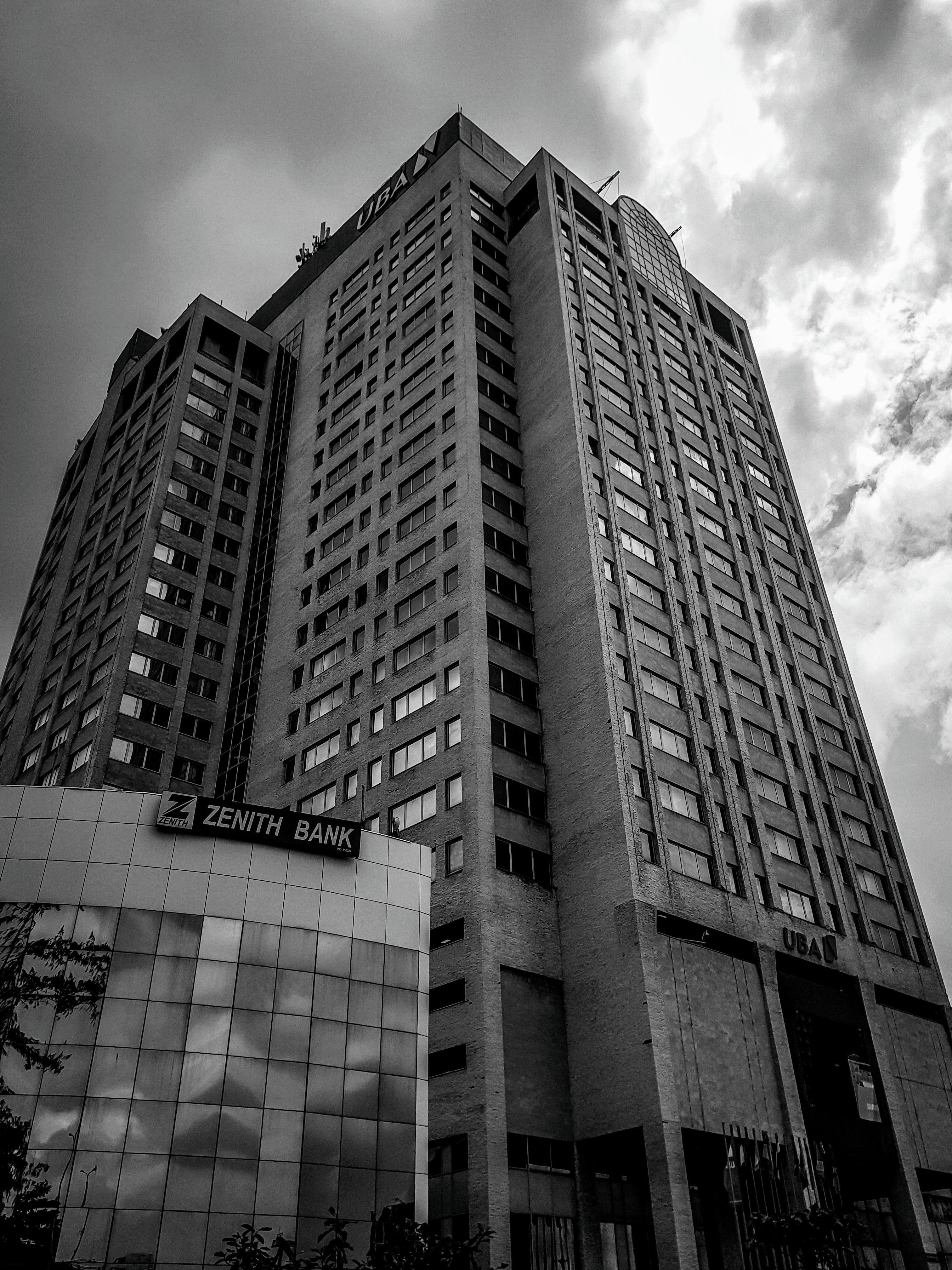 High-rise tower block photographed in black and white