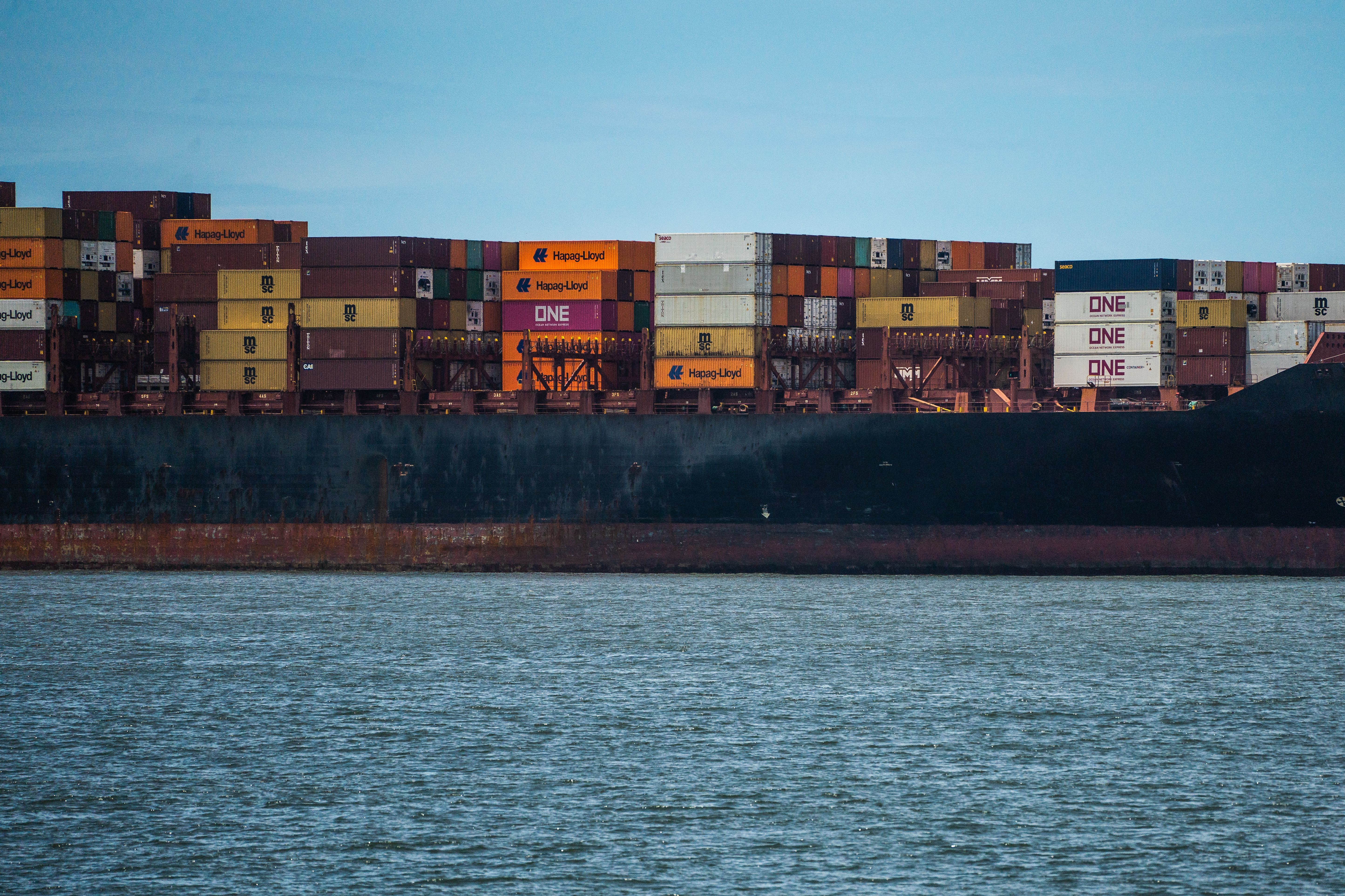 Loaded container ship on the water