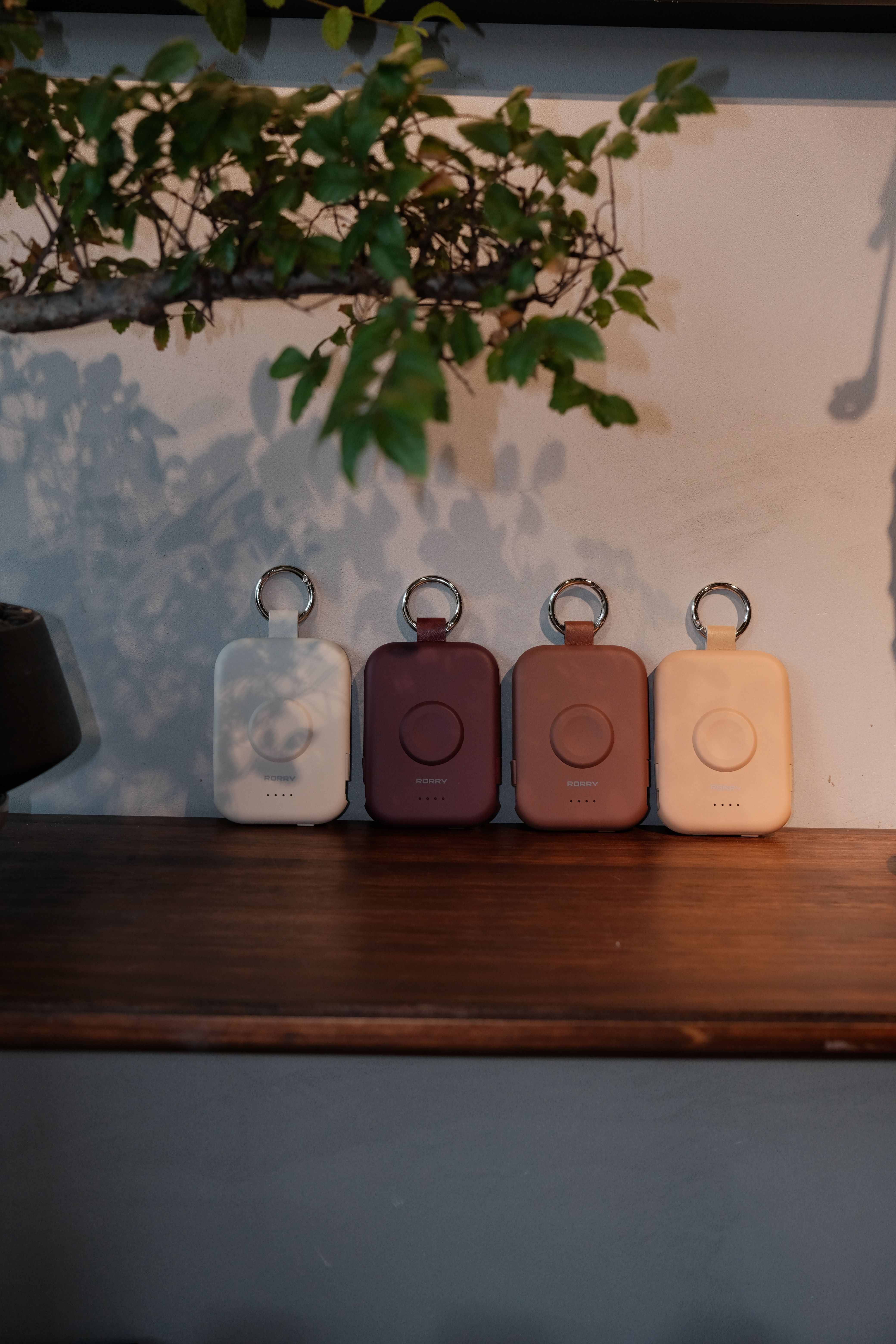 Row of small leather goods displayed on a shelf