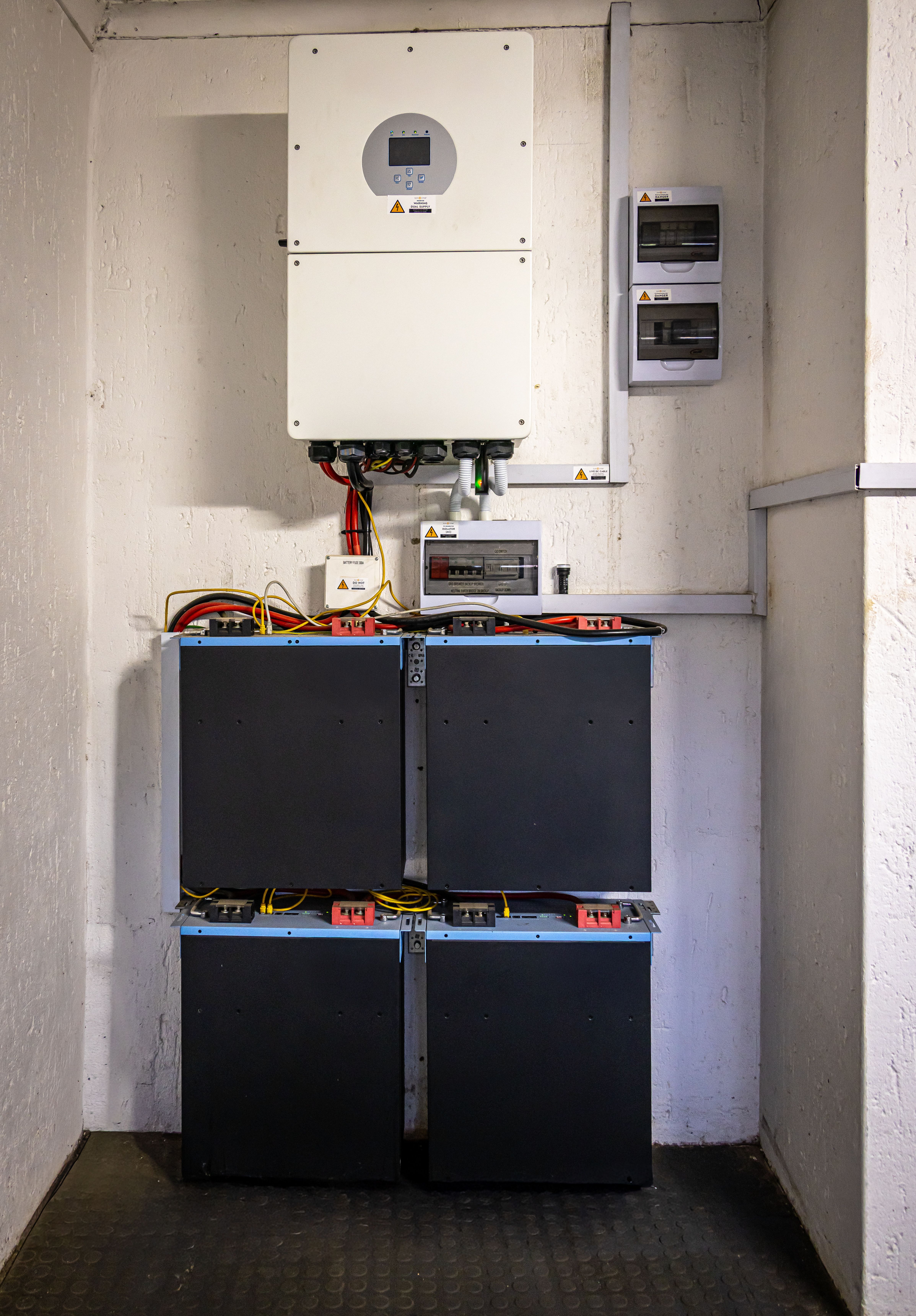 Wall-mounted inverter and battery bank in a plant room