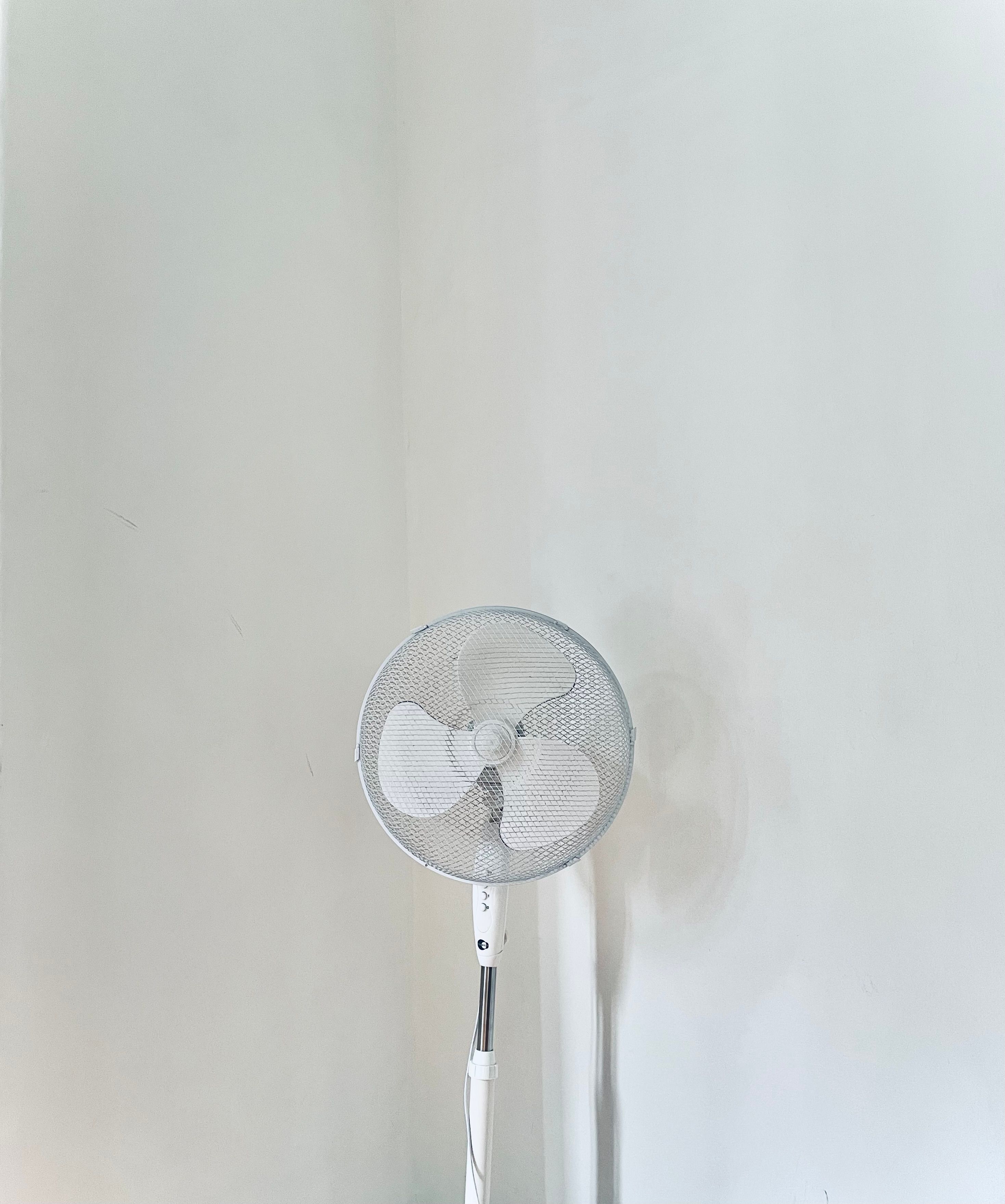 Standing fan against a plain wall
