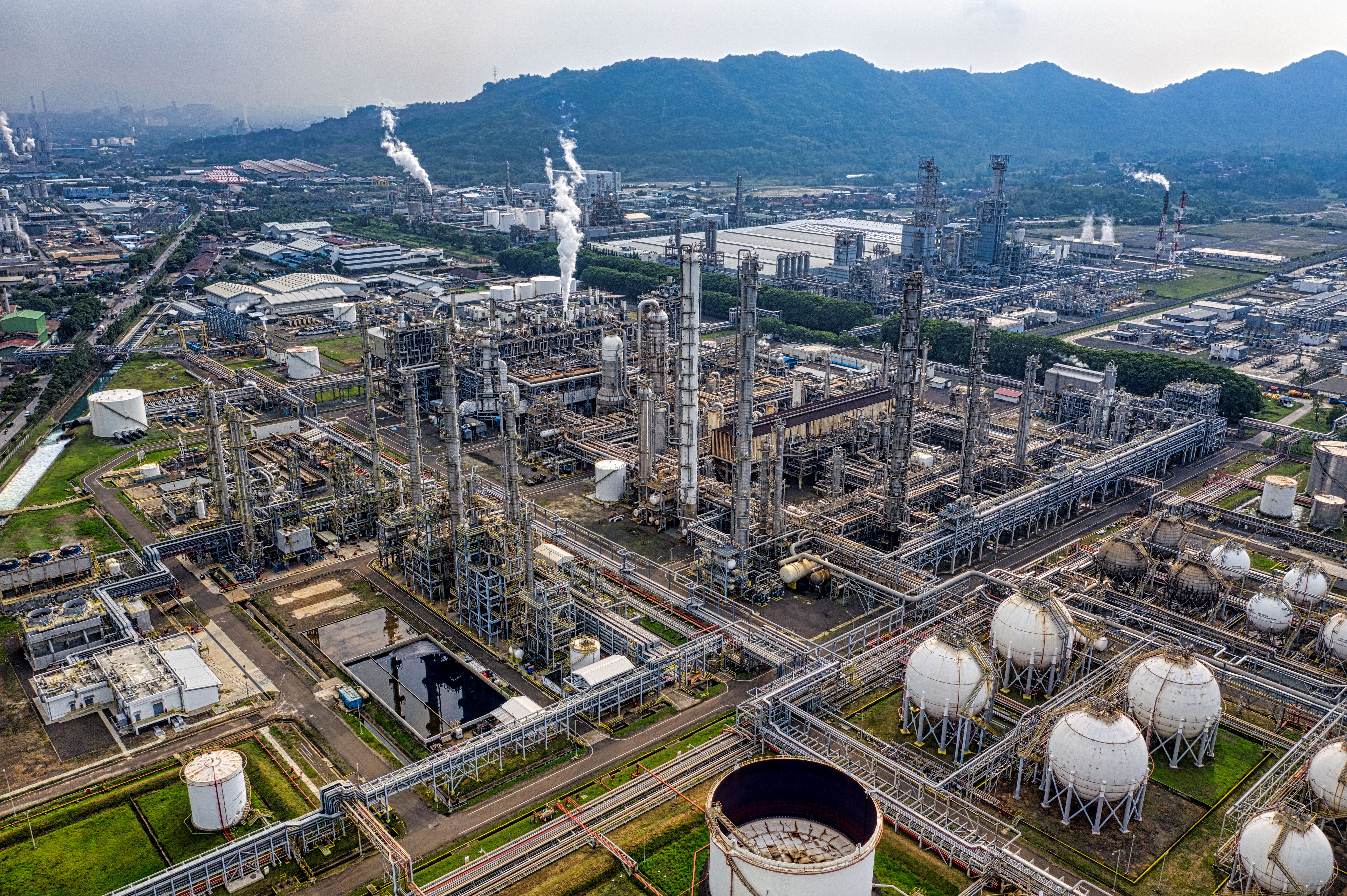 Aerial view of a petrochemical plant with storage tanks